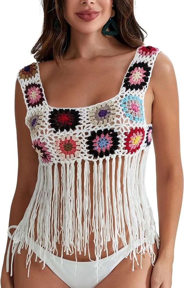 Womens Crochet Tank Top with Tassels Cover Ups Knit Colorful Floral Embroidery Summer Boho Camiso... | Amazon (US)
