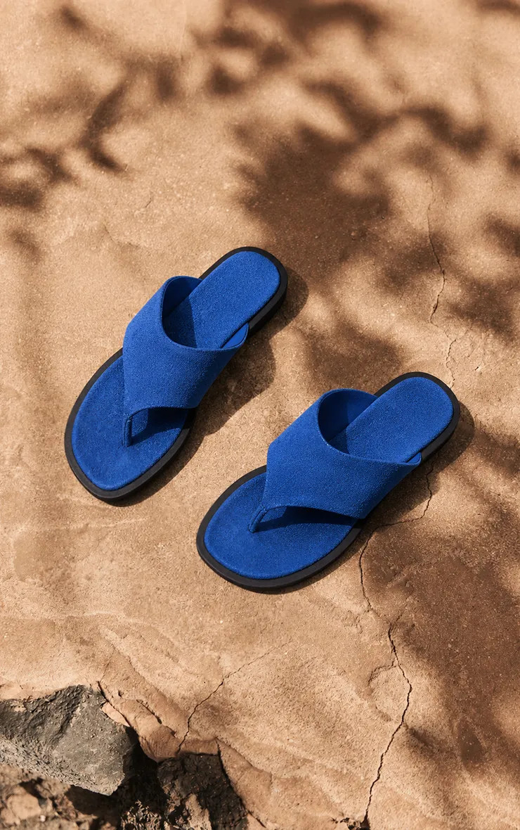 Cobalt Faux Suede High Vamp Toe Thong Flat Sandal | PrettyLittleThing UK