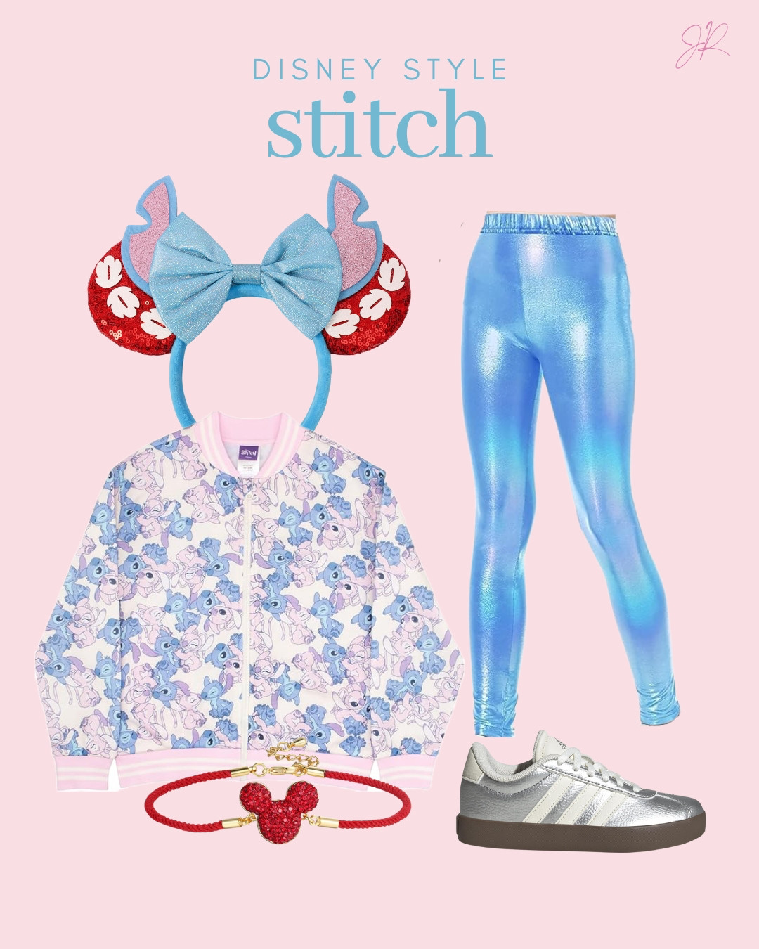 casual girls stitch inspired disney outfit ootd - stitch mouse ears - silver Adidas - varsity jacket 

 #LTKTravel #LTKKids #LTKFamily