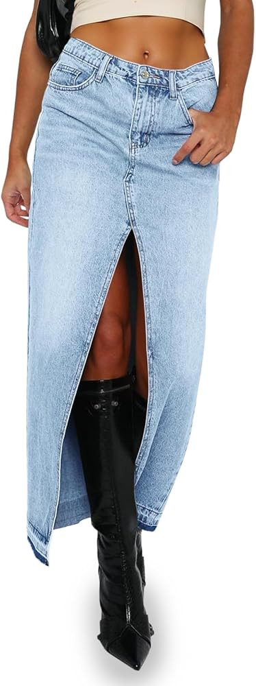 Fisoew Women's Long Denim Maxi Skirts High Waisted Frayed Hem Western Split Jean Skirt Streetwear | Amazon (US)