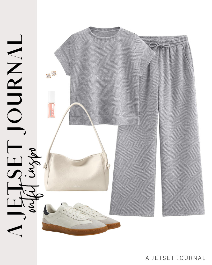 The first outfit is this gray PRETTYGARDEN 2-piece outfit styled with a BOSTANTEN shoulder bag and stud earrings. Step into these Cole Haan sneakers to finish the outfit.

#LTKSeasonal #LTKSaleAlert #LTKTravel
 

 
