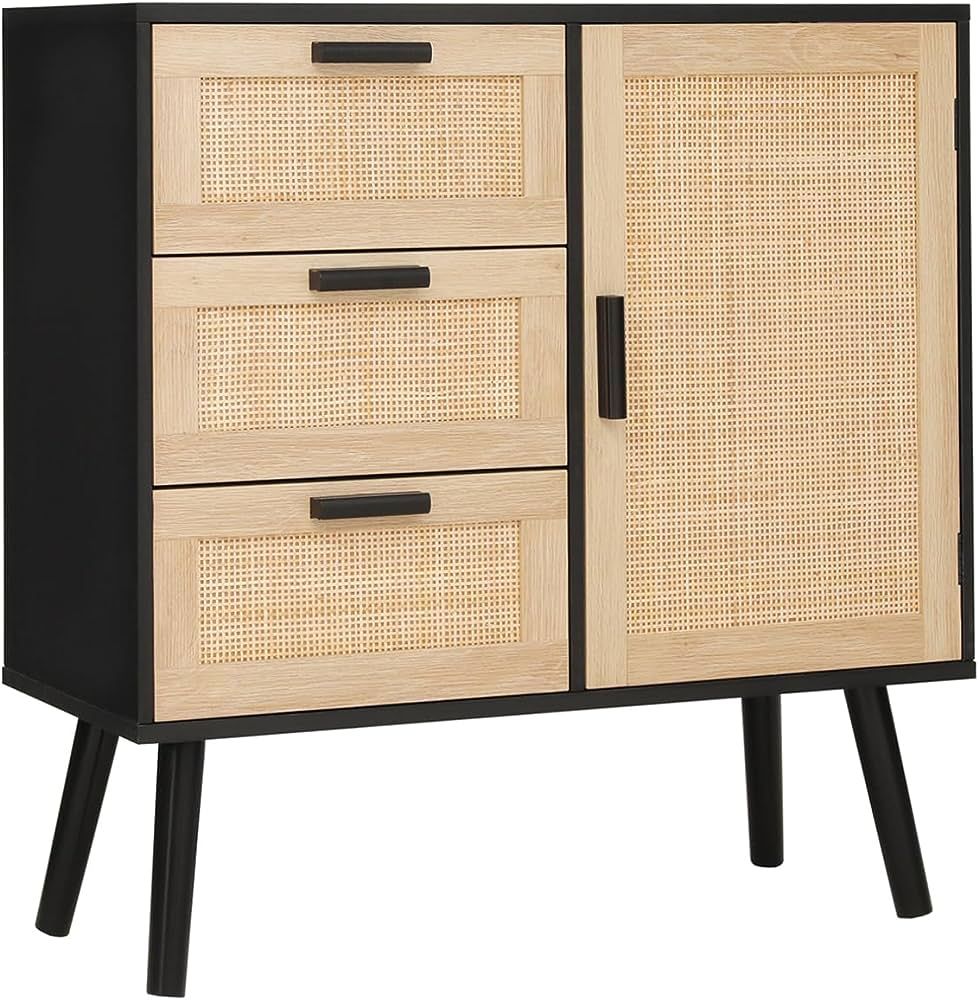 Iwell Storage Cabinet with Rattan Door & 3 Drawers, Mid Century Modern Storage Cabinet with Adjus... | Amazon (US)