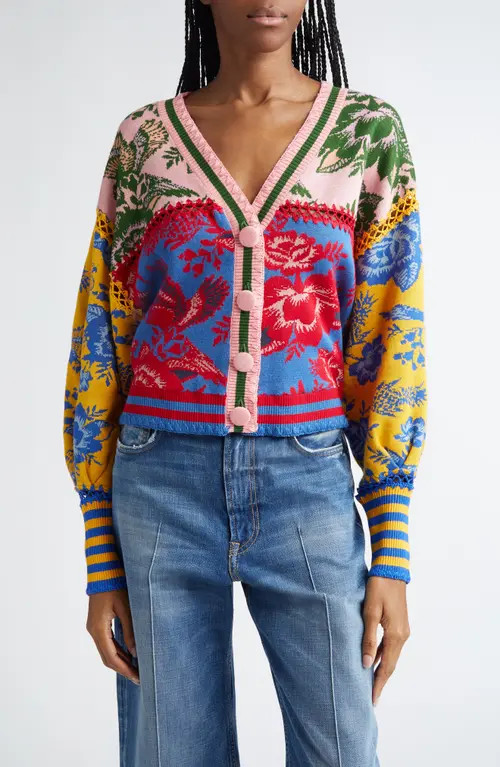 FARM Rio Flora de Renda Patchwork Cardigan in Pink Multi at Nordstrom, Size X-Small | Nordstrom
