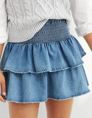 Aerie Frills 'N' Thrills Denim Mini Skirt | American Eagle Outfitters (US & CA)