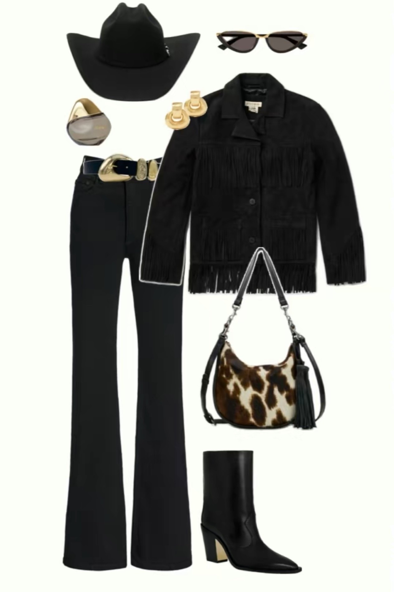 All black western outfit with cowhide handbag on sale! 

Rodeo outfit, country concert, chunky belt 