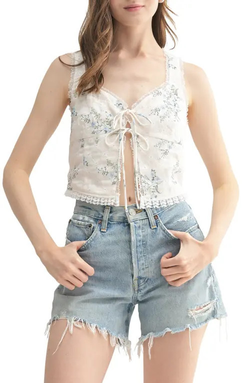 All in Favor Lace Trim Front Tie Tank in Ivory Blue Floral at Nordstrom, Size X-Large | Nordstrom