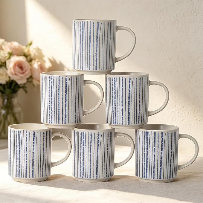 Ceramic Mugs Set of 6, Modern 17oz Coffee Mugs, Stackable Coffee Cups with Handpainted Blue Strip... | Amazon (US)