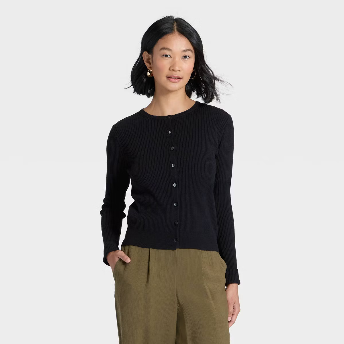 Women's Ribbed Cuff Cardigan Sweater - A New Day™ Black XS | Target