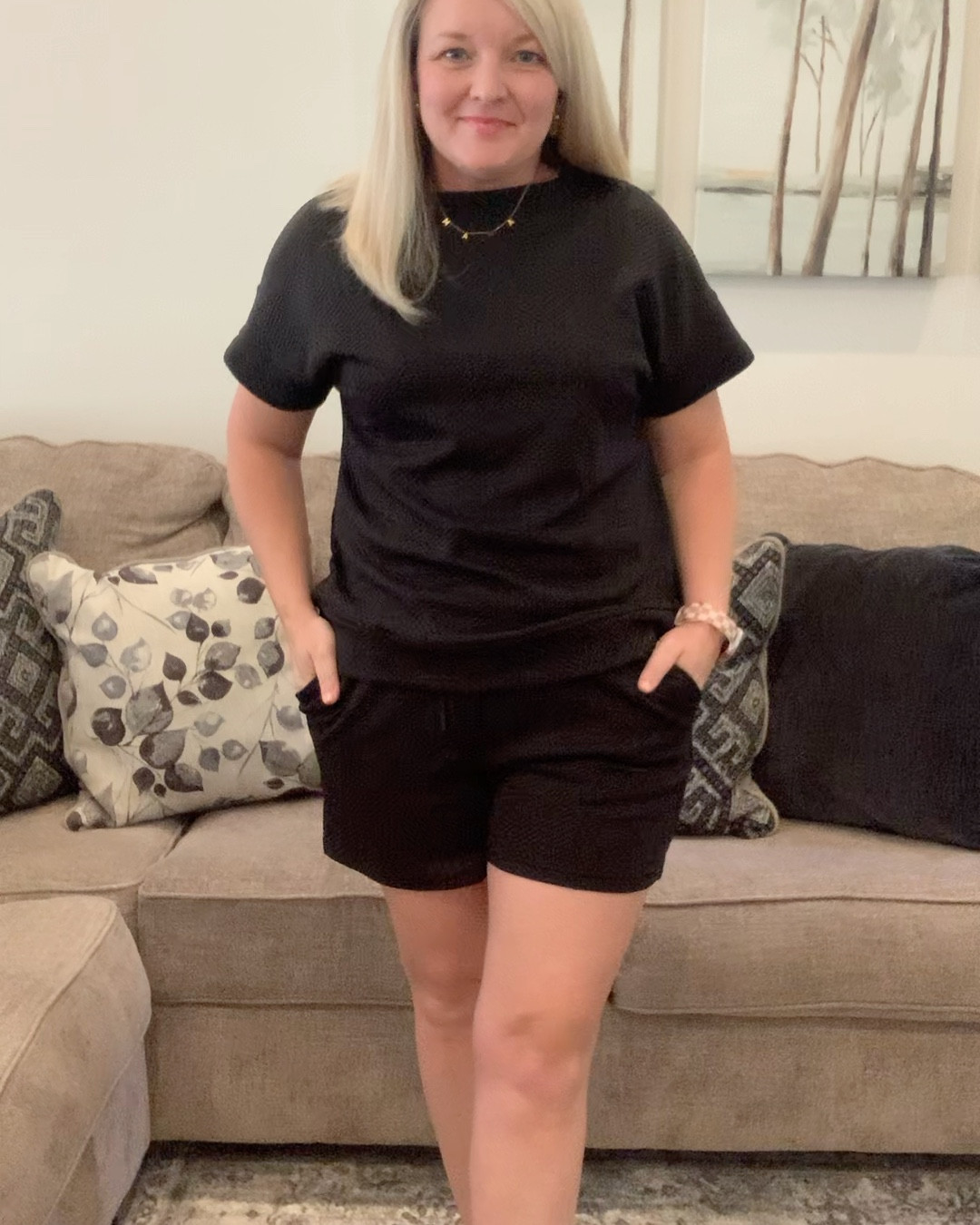 Absolutely love this two piece set! It covers all the right places & has pockets! The perfect mom outfit. 
It’s available in a variety of colors. I’m eating a size large black. It fits true to size (size 10-12), and feels comfortable. You may dress this set up for a date night or dress down for the ballfield. I also love that sets you can separate & wear with different tops/bottoms, very versatile. I’m adding more colors to my cart for sure! I paired with black sandals & simple gold accessories. 

#LTKGiftGuide #LTKShoeCrush #LTKMidsize