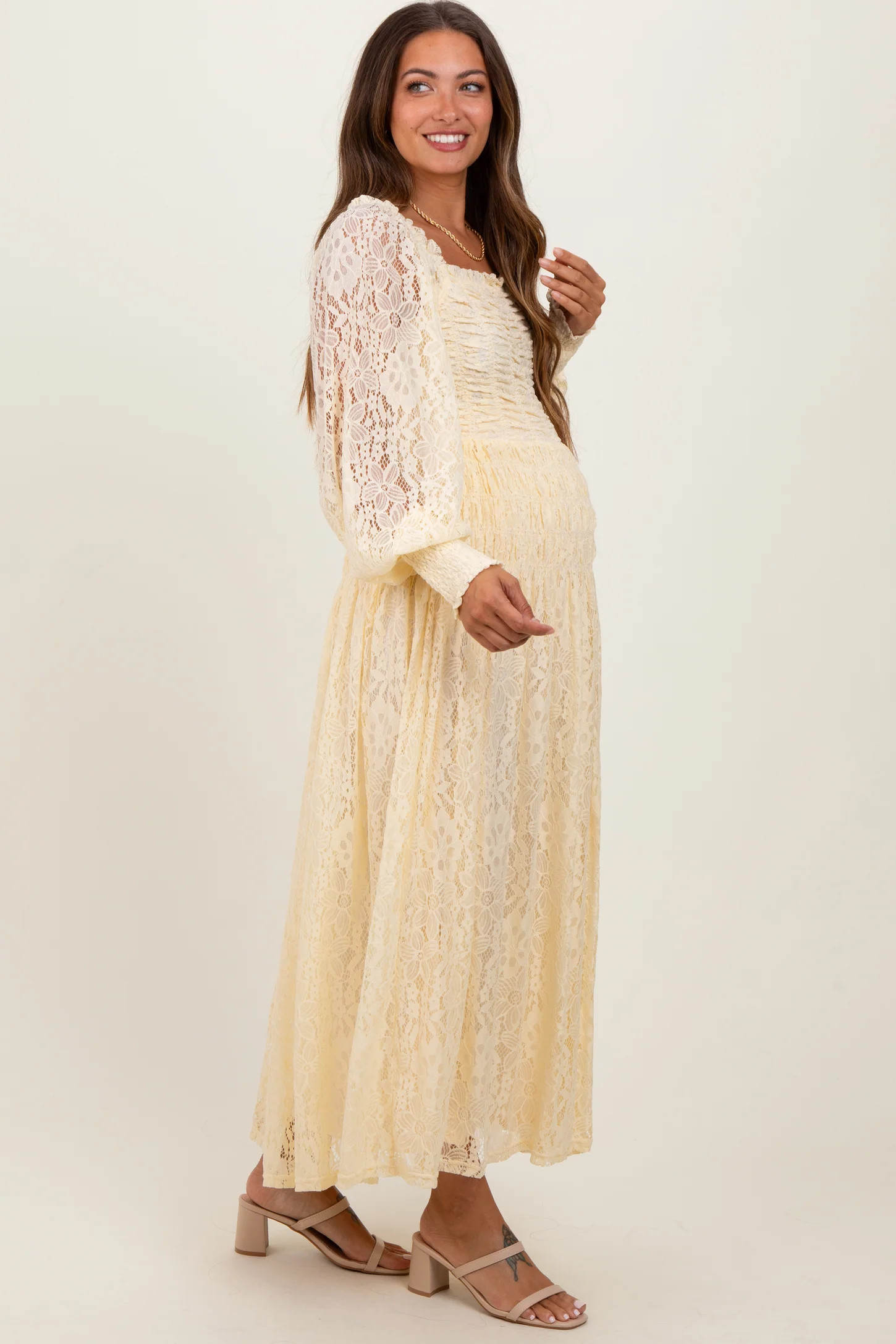 Cream Lace Smocked Bubble Sleeve Maternity Maxi Dress | PinkBlush Maternity