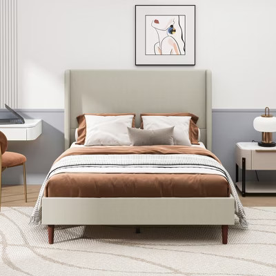 GDFStudio Lindsay Upholstered Wood Bed Frame with Wingback and Solid Wood Legs, Beige/Linen,Queen | Target