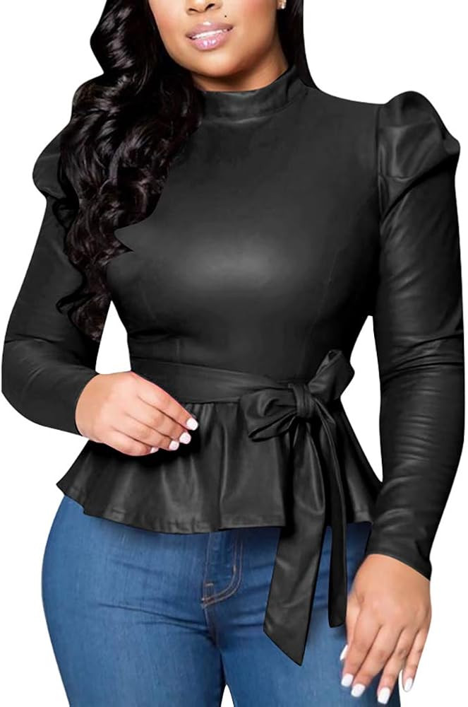 SHINFY Women's Vintage Ruffle Hem PU Faux Leather Slim Fit Bow-Tie Shirts Tops Blouses | Amazon (US)