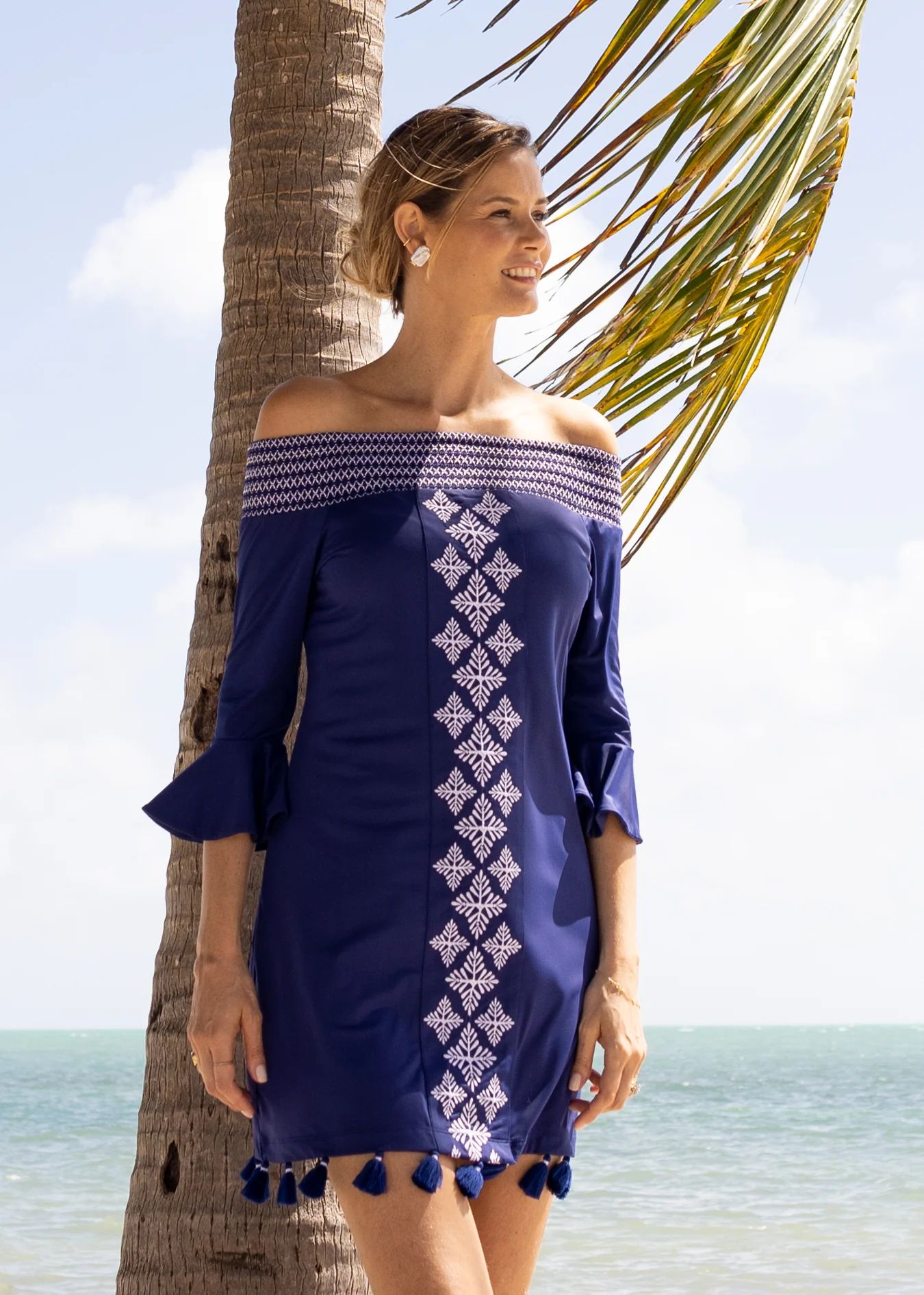 Navy Embroidered Off The Shoulder Dress | Cabana Life