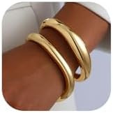2pcs Gold Bangle Bracelets for Women, Trendy Hinged Cuff Open Wide Chunky Gold Bracelet Stack Arm... | Amazon (US)
