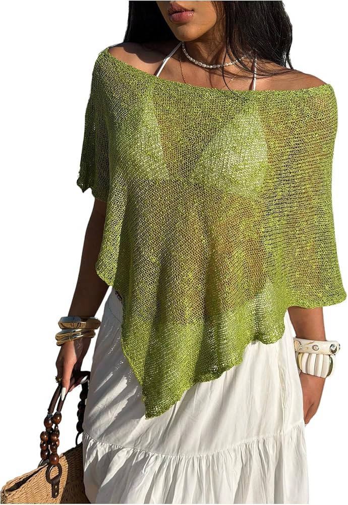 Verdusa Women's Asymmetrical Swim Cover Up Off Shoulder Poncho Tops Beach Vacation Clothes | Amazon (US)
