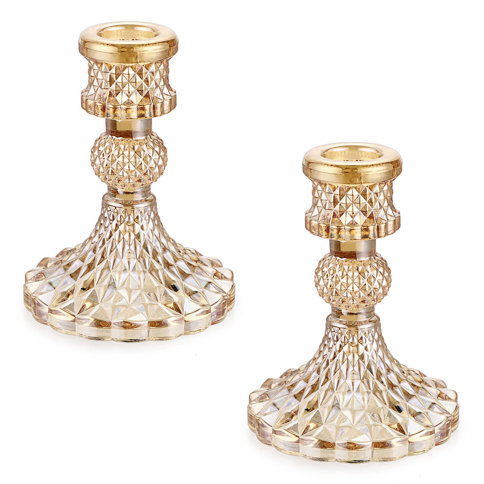 OwnMy Set of 2 Gold Glass Taper Candle Holders - Decorative Glass Candlestick Holders for Dining ... | Amazon (US)