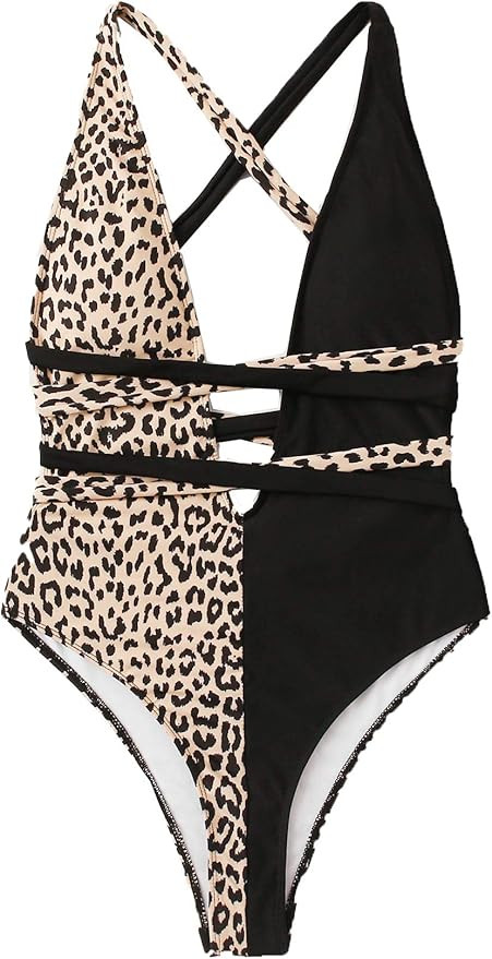 SweatyRocks Women's Sexy Bathing Suits Criss Cross Tie Knot Front Deep V Open Back Leopard One Pi... | Amazon (US)