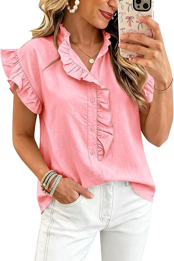 Tankaneo Womens Ruffle Cap Sleeve Button Down Shirts Summer Dressy Casual Blouses Loose Fit Cute ... | Amazon (US)
