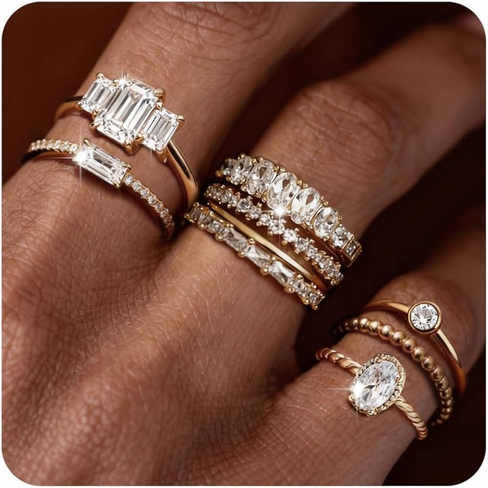 9 Pcs Gold Stackable Rings for Women 14K Gold Plated Non Tarnish Cubic Zirconia Thin Thumb Minima... | Amazon (US)
