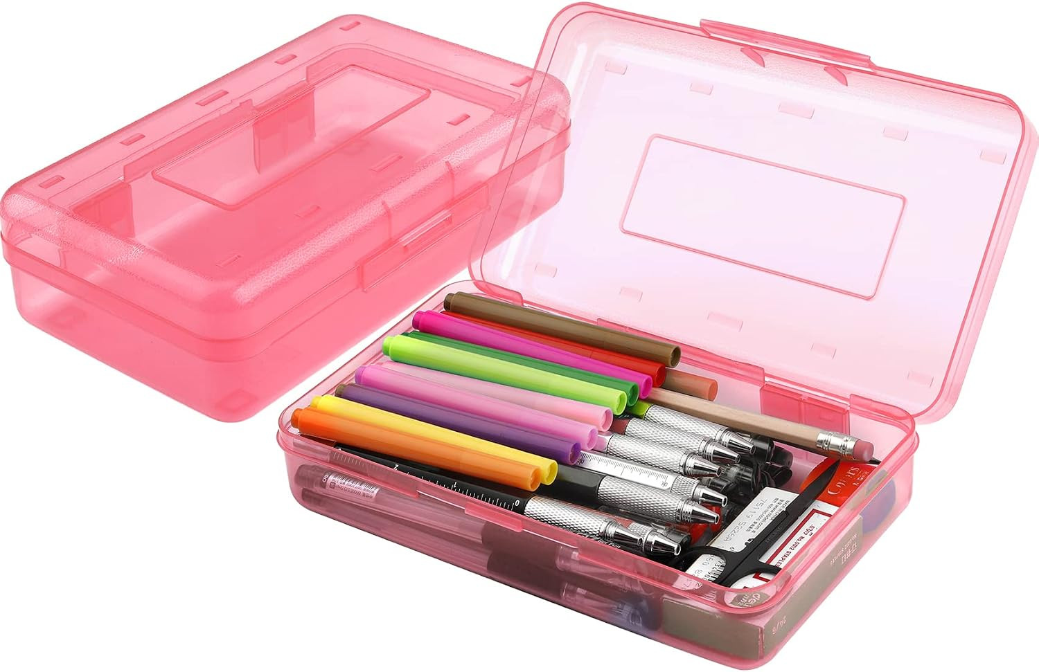 Pencil Box, Large Capacity Clear Pencil Case, 1 Pack Hard Pencil Case, Clear Crayon Box with Snap-tight Lid Stackable Design, Plastic Storage Box for Office Supplies, Pink | Amazon (US)