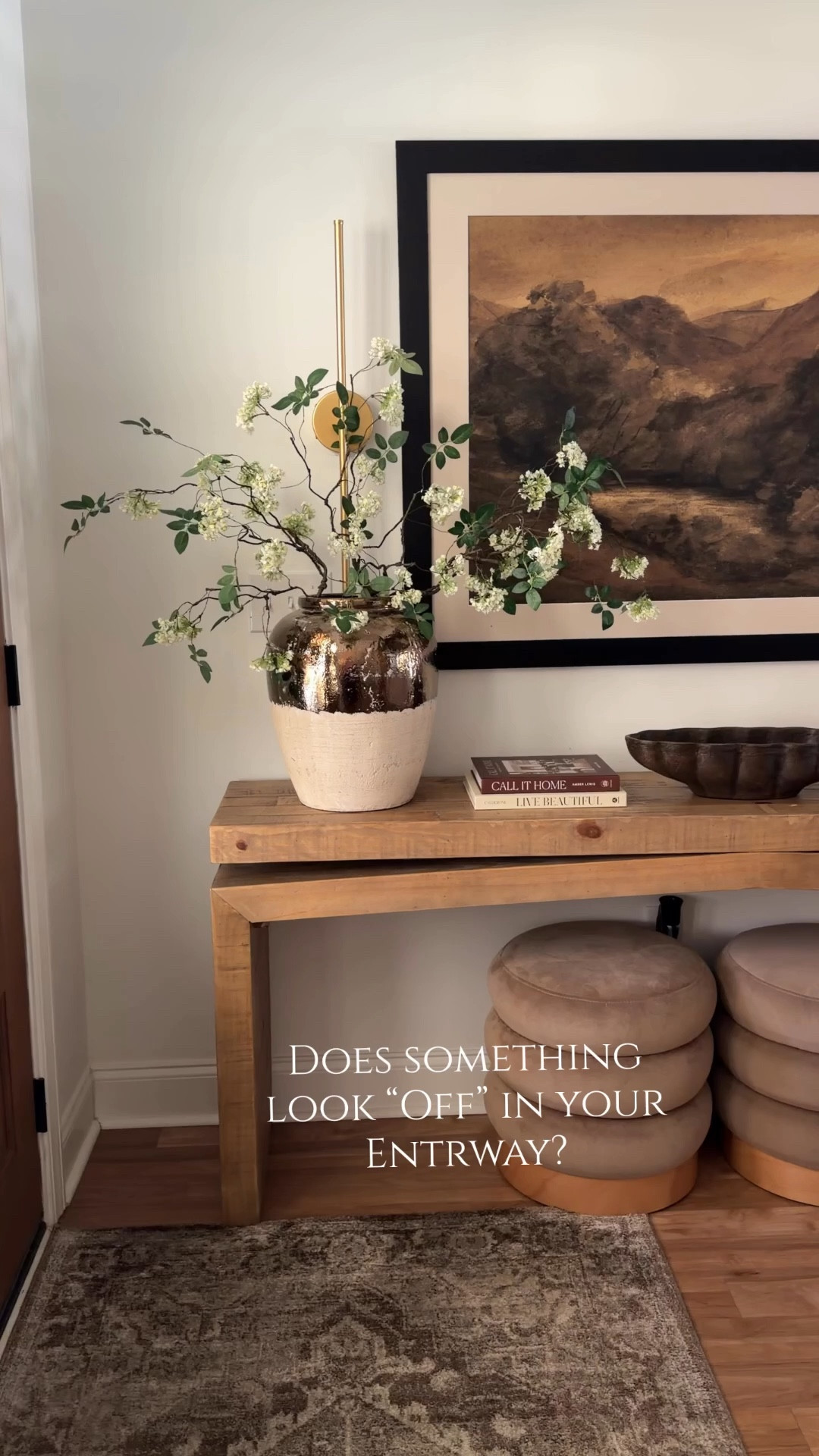 Does something feel a little off with your entryway?
When styling your entryway table, remember the three key elements: balance, texture, and layers. When those three come together, your space feels warm, welcoming, and beautifully styled. 🤎