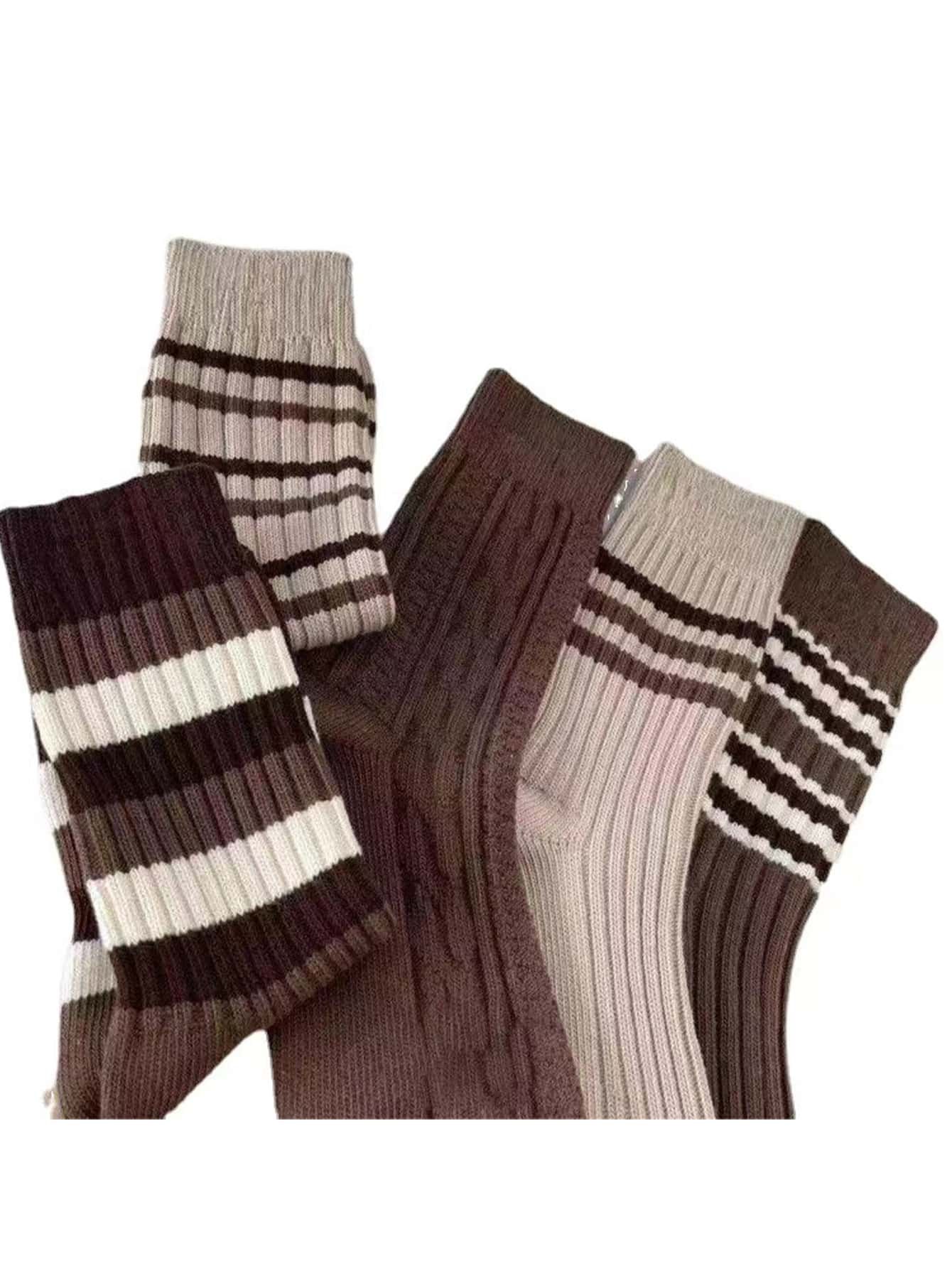 5pairs/set Women's Thick Striped Brown Over Knee Socks For Autumn And Winter | SHEIN