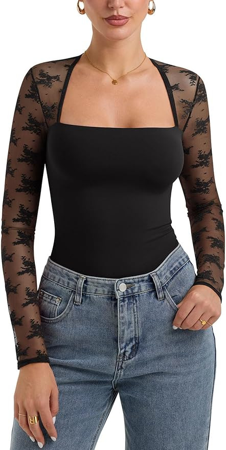 PINKMSTYLE Women Sexy Square Neck Lace Long Sleeve Tops Slim Fit Double Lined Trendy Y2K Going Ou... | Amazon (US)