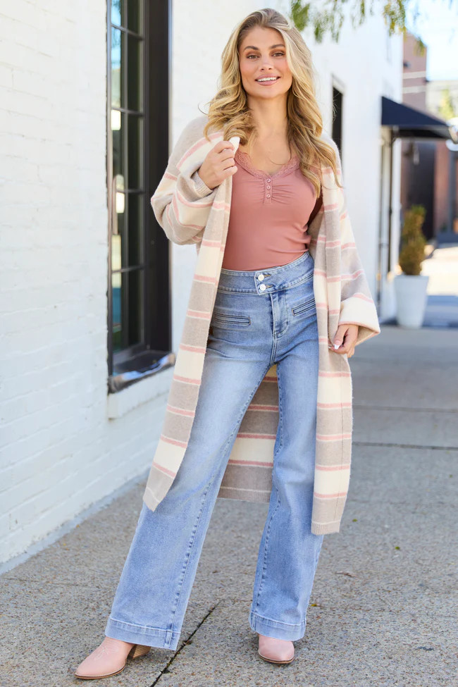 Breleigh Taupe and Pink Striped Long Cardigan | Pink Lily