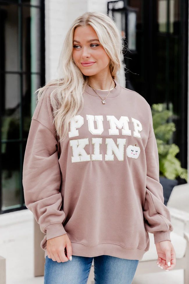 Pumpkin Chenille Patch Mocha Oversized Graphic Sweatshirt | Pink Lily