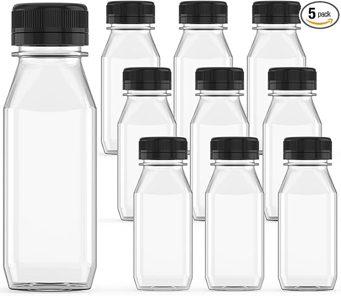 5 Pcs 8 oz Plastic Juice Bottle Reusable Transparent Bulk Beverage Containers with Black Lids for... | Amazon (US)