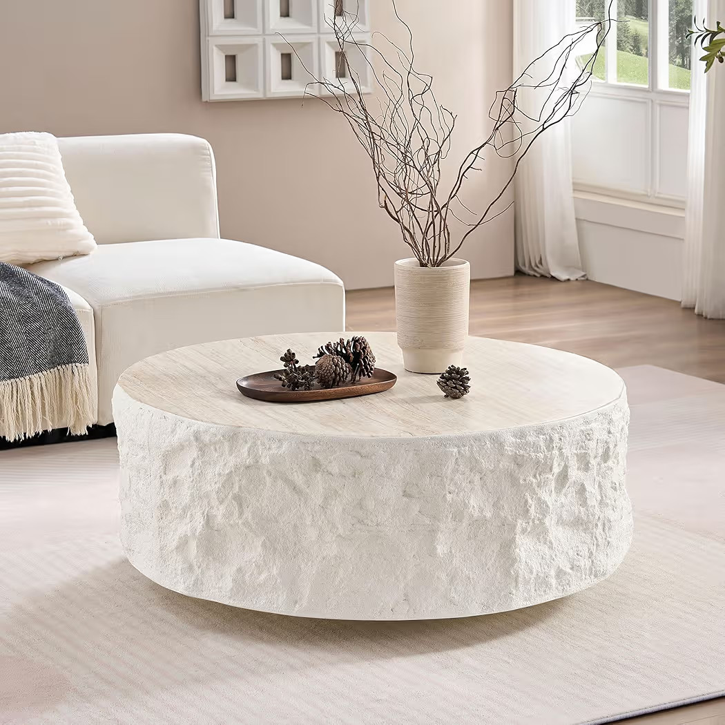 KEIKI 35" Fiberglass Round Coffee Table with Round Edge Design, Modern Style Imitation Stone Cent... | Amazon (US)
