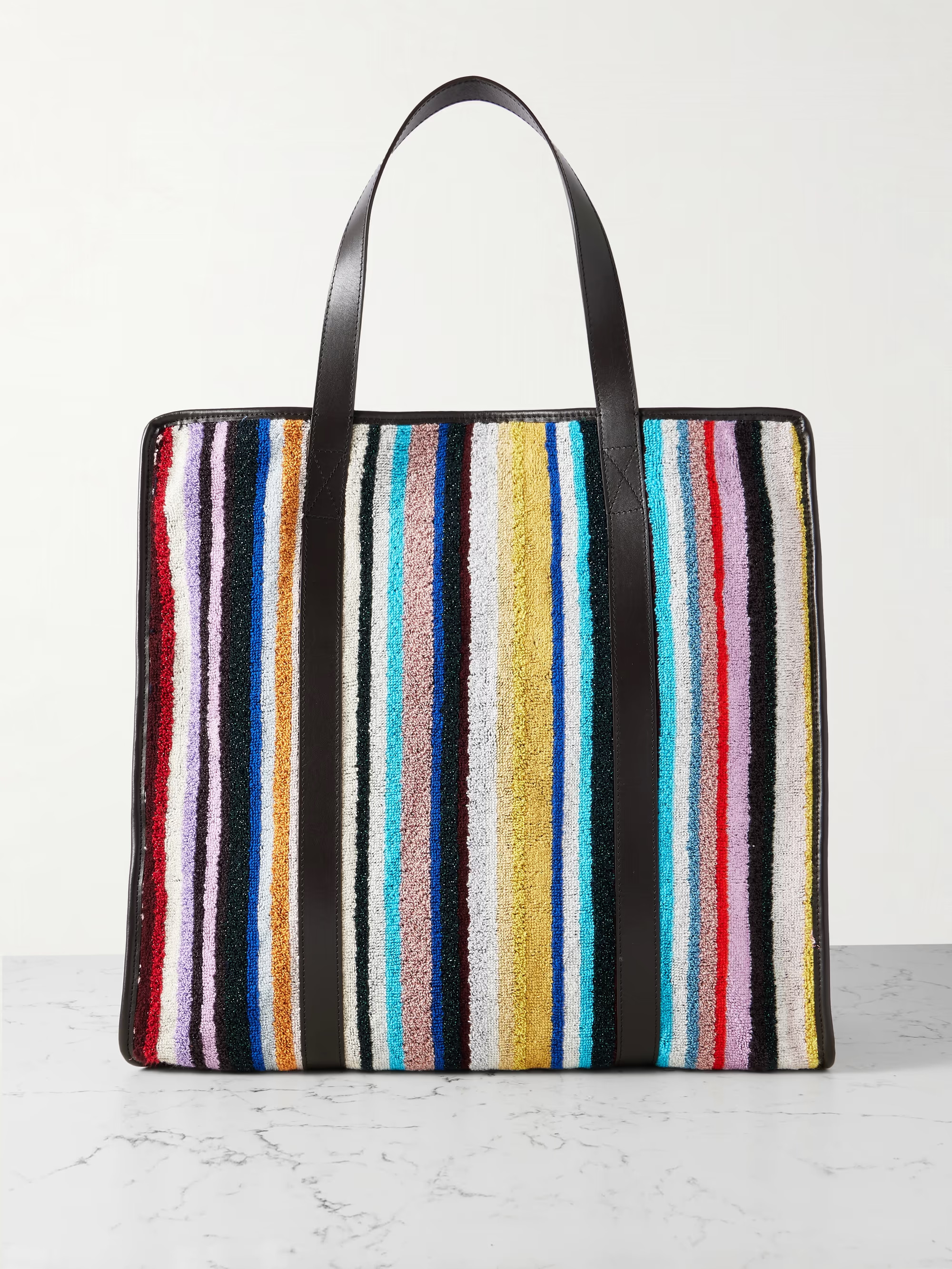 Chandler leather-trimmed striped terry tote | NET-A-PORTER (US)
