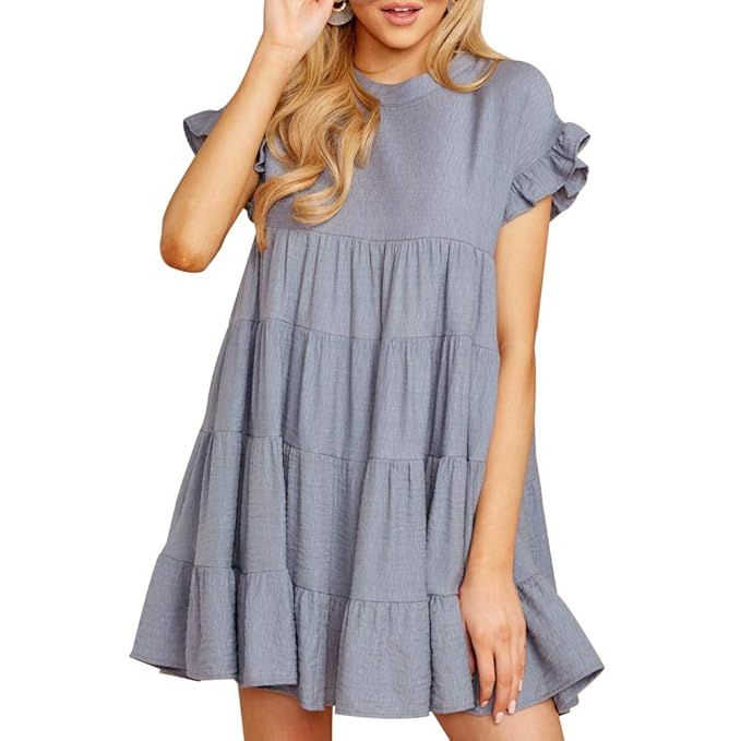 Joteisy Women’s O Neck Ruffle Short Sleeve Tiered Casual Mini Dress | Amazon (US)