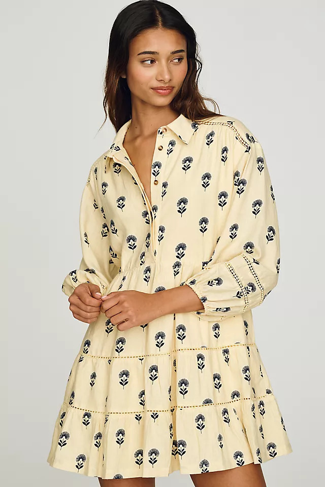 Bettina Linen Blend Tiered Mini Shirtdress | Anthropologie (US)