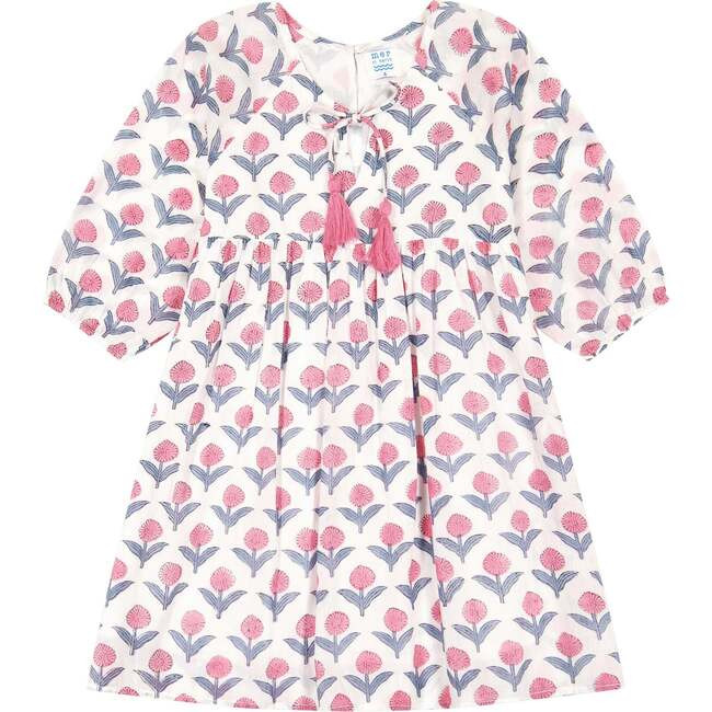 Sara Popover Block-Print Flower Dress, Pink | Maisonette