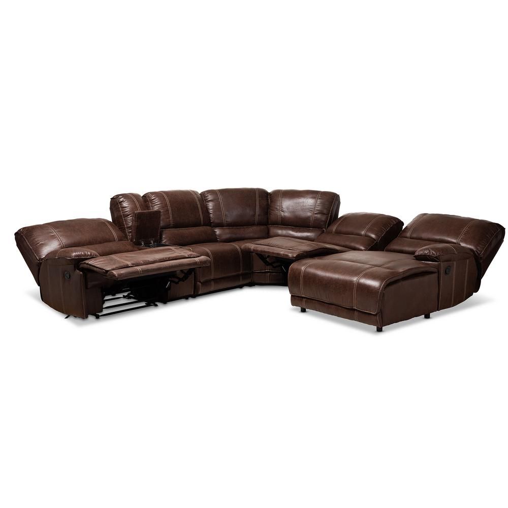 Baxton Studio Salomo 6-Piece Brown Faux Leather 6-Seater Curved Reclining Sectional Sofa | The Home Depot