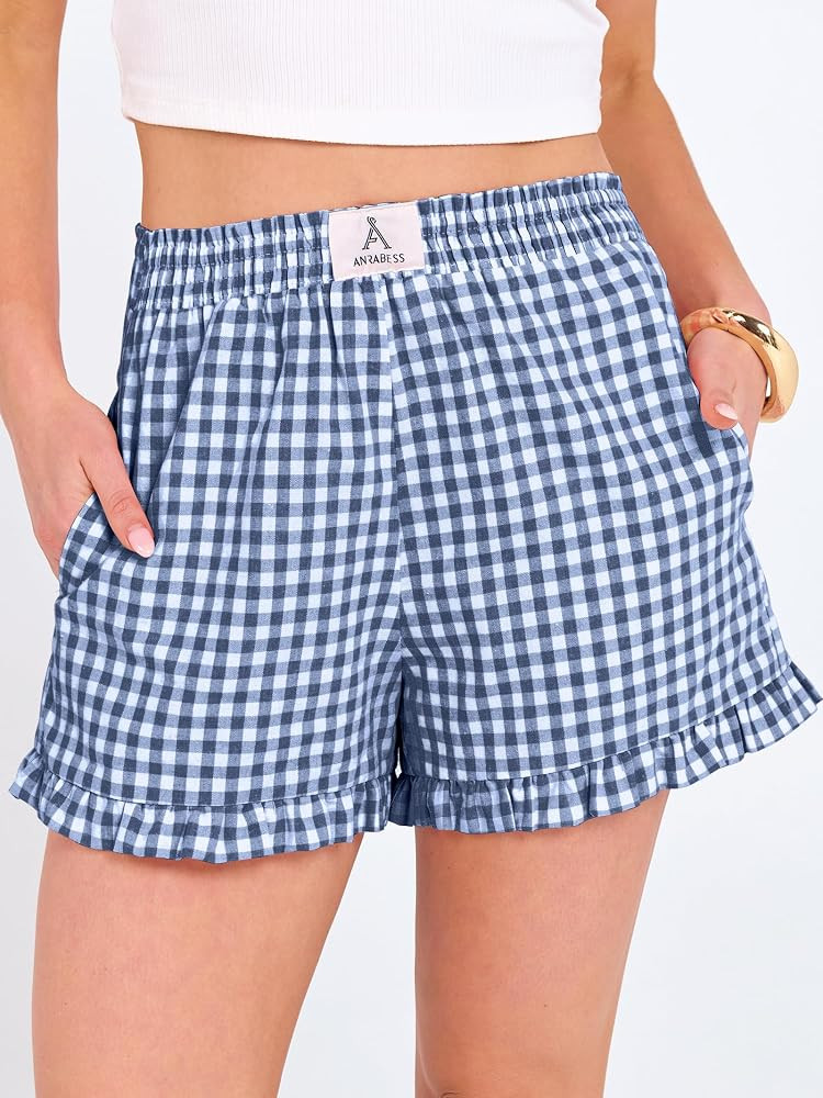 ANRABESS Boxer Shorts for Women,Gingham Plaid Elastic Waist Ruffle,Perfect for Lounge,Pajama&Slee... | Amazon (US)