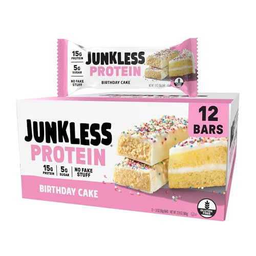 JUNKLESS Birthday Cake Protein Bars | 15g Protein, Low Sugar, High Fiber, Gluten Free | Healthy Snack for Kids & Adults | 12 Bars | Amazon (US)