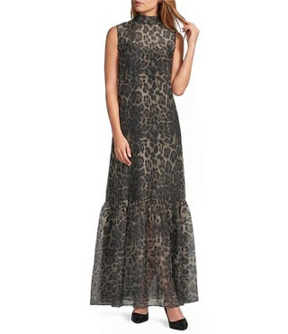 Uma Leopard Organza Tie Back Turtle Neck Sleeveless Maxi Dress | Dillard's