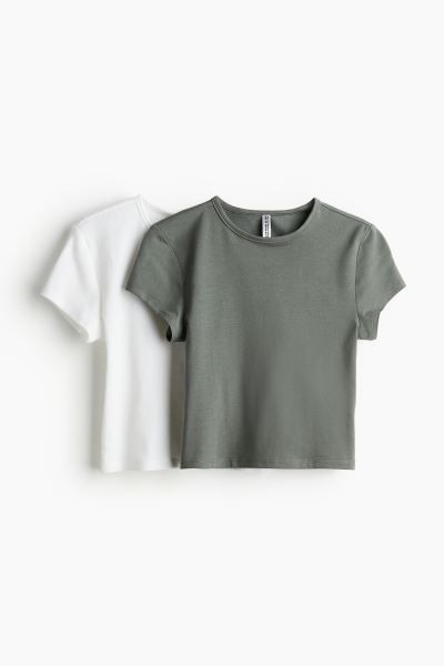 2-pack T-shirts - Round Neck - Short sleeve - Dusty green/white - Ladies | H&M US | H&M (US + CA)