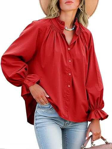 Tankaneo Womens Puff Long Sleeve Button Down Shirts Pleated V Neck Cotton Blouses Loose Fit Casua... | Amazon (US)