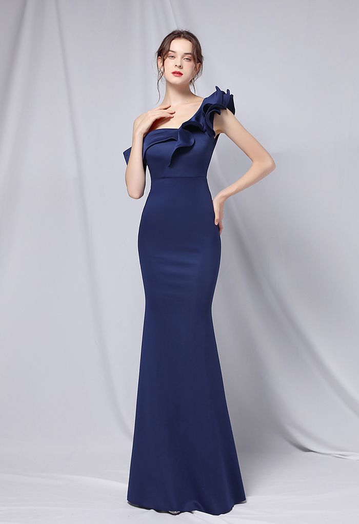 Ruffle One-Shoulder Mermaid Satin Gown in Navy | Chicwish