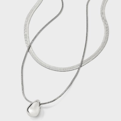 Organic Droplet Pendant with Herringbone Chain Multi-layer Necklace - A New Day™ Silver | Target