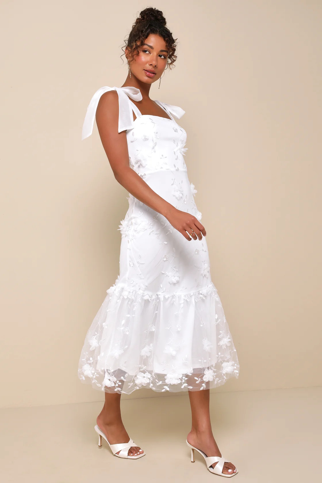 Divinely Adored White Embroidered Floral Tie-Strap Midi Dress | Lulus