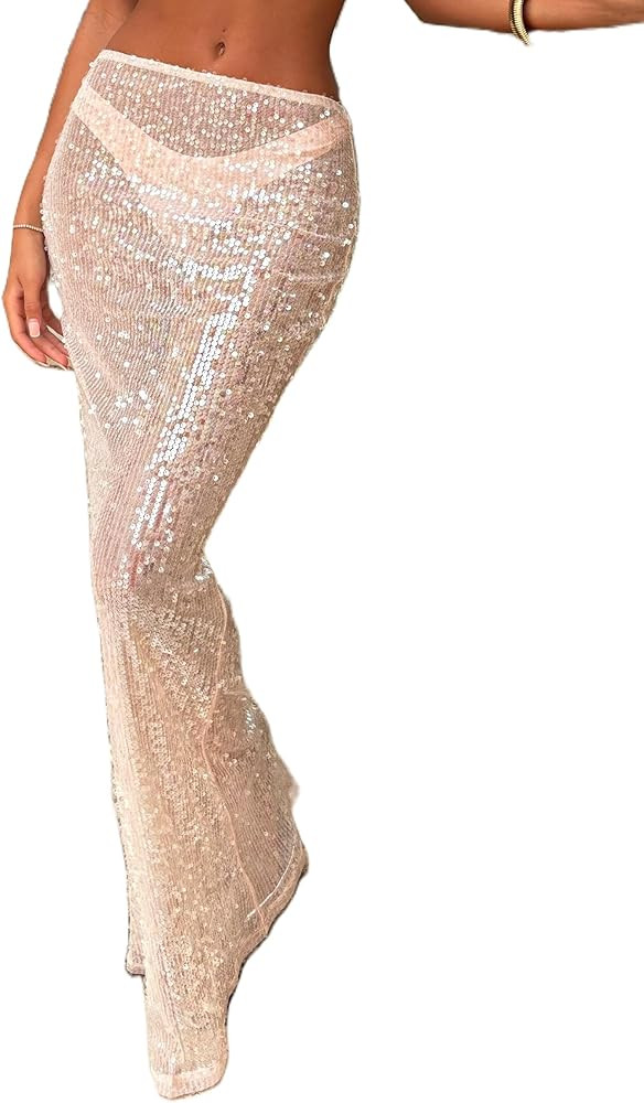 Women Y2k Sequin Long Skirt Sparkly Beaded Floral Maxi Skirt Rhinestone Glitter Midi Skirts Stree... | Amazon (US)