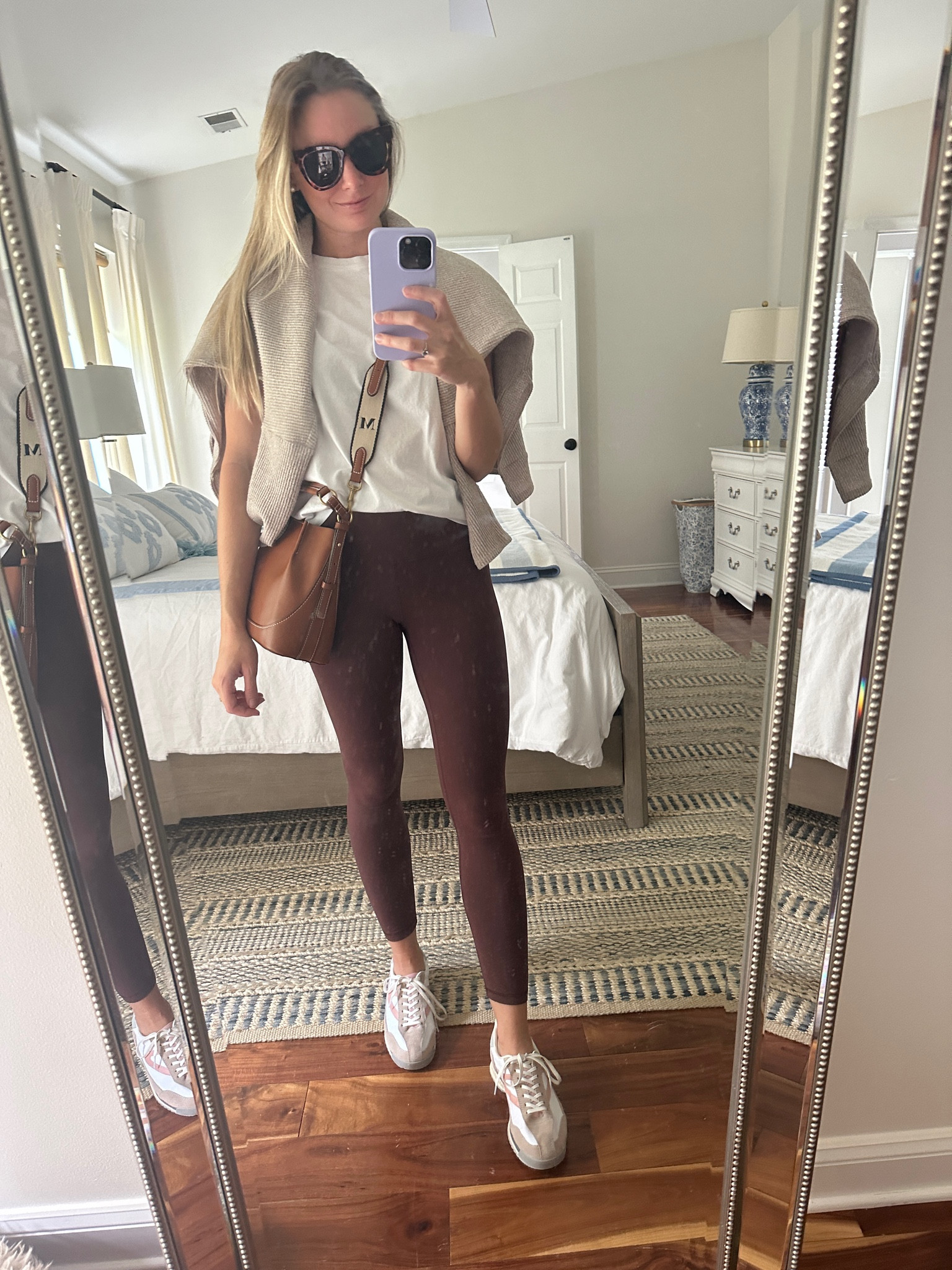 Casual weekend look - chocolate brown leggings - madewell white tshirt - tretorn pink sneakers - tan sweater - purse is Zara 

#LTKxMadewell #LTKfindsunder50 #LTKstyletip