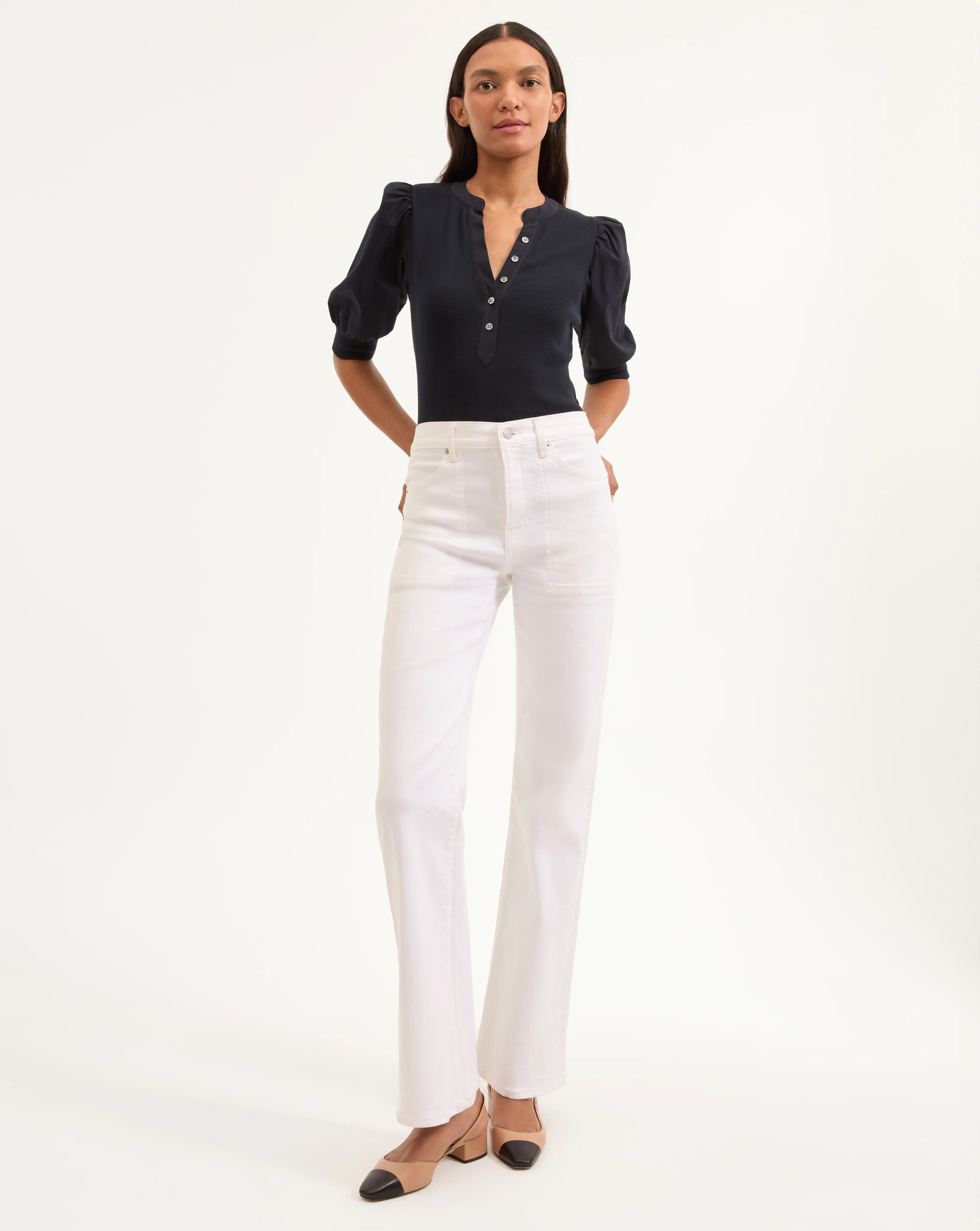 Veronica Beard Crosbie Patch-Pocket Straight-Leg Jean White | Veronica Beard