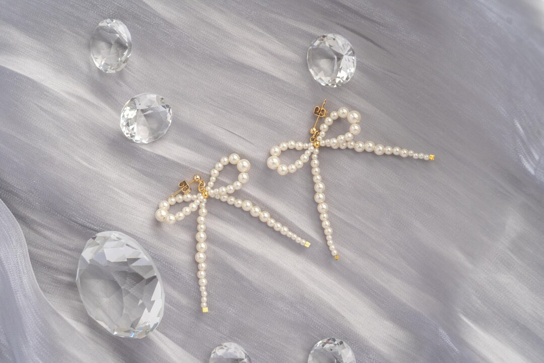 Pearl Bow Holiday Earrings Cute Dangling Drop Bow Earrings Wedding Earrings Elegant Holiday Gift ... | Etsy (US)