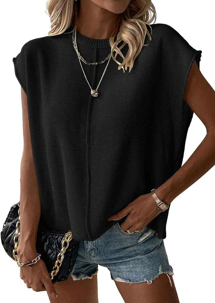 Milumia Women's Casual Cap Sleeve Crew Neck Pullover Sweater Vest Loose Fit Knit Tops | Amazon (US)