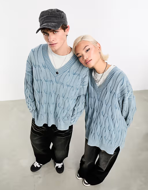 COLLUSION Unisex oversized washed distressed cable knit sweater in light blue | ASOS (Global)